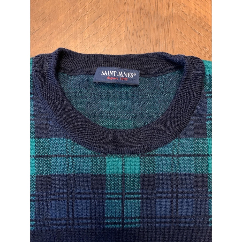 Saint James Sweater‎ New Wool Navy Green Plaid Elbow Patches Men's  Size 48 - Picture 9 of 16
